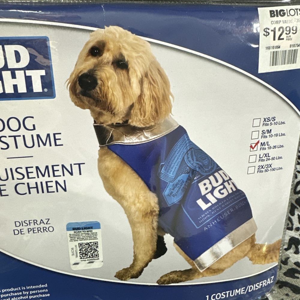 Bud Light Alcohol Dog Pet  MED/Large  Halloween Party Costume ! NWT